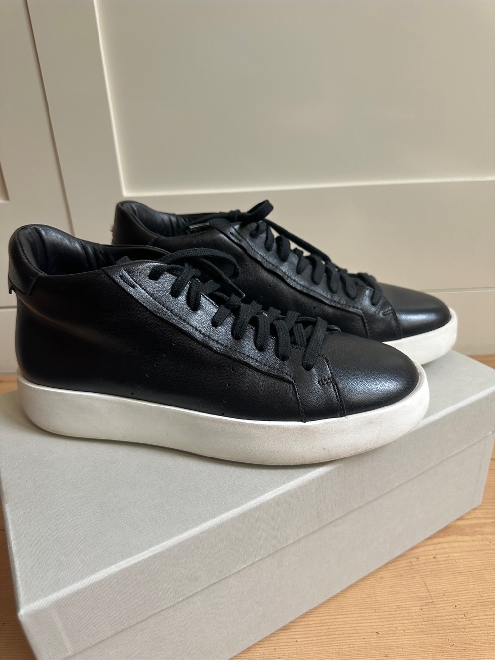 SANTONI Women’s Black Leather Sneakers with White Sole
